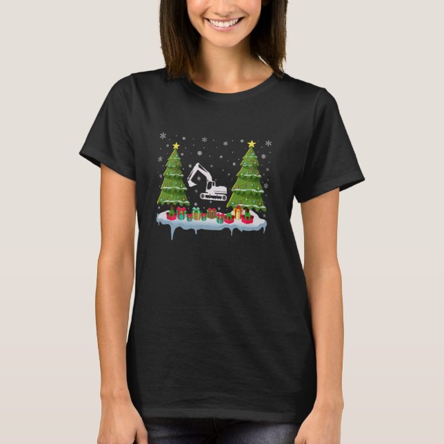 Construction Excavator Xmas Tree Lighting Ugly Chr T-Shirt (Front)