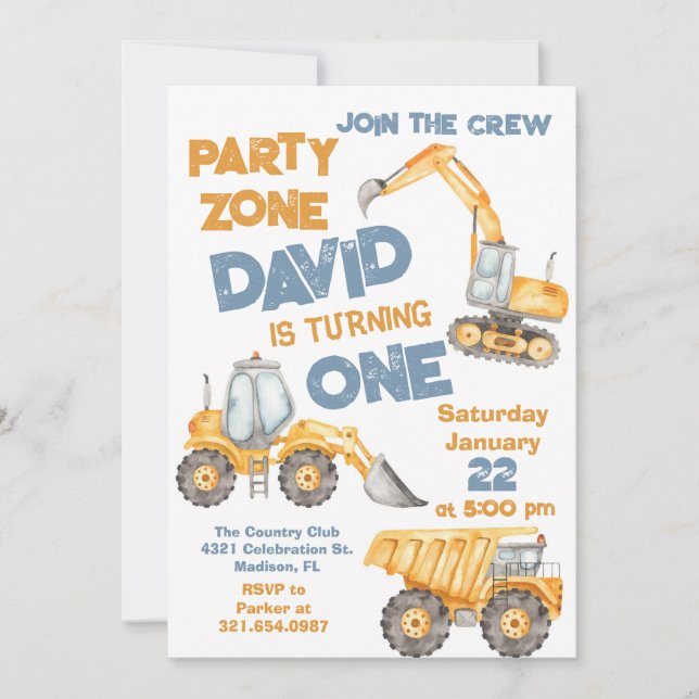 Construction First Birthday Party Invitation (Front)