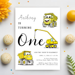 Construction Funny Vehicles 1st Birthday Invitation