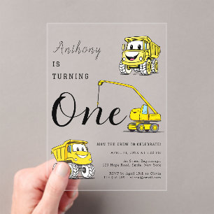 Construction Funny Vehicles Boys 1st Birthday Acrylic Invitations