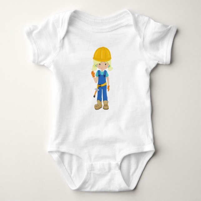 Construction Girl, Blonde Hair, Cute Girl, Hammer Baby Bodysuit (Front)