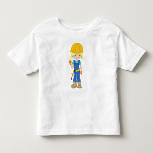 Construction Girl, Blonde Hair, Cute Girl, Hammer Toddler T-Shirt (Front)