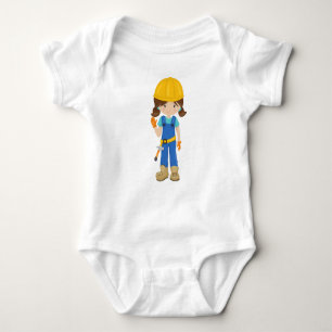 Construction Girl, Brown Hair, Cute Girl, Hammer Baby Bodysuit