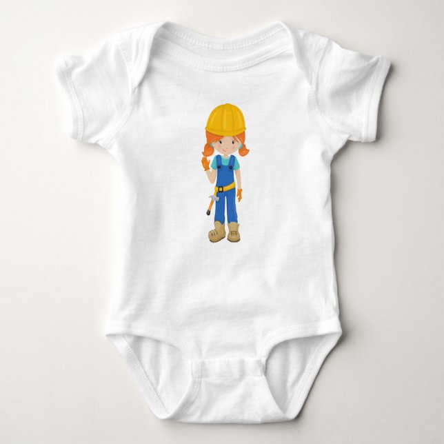 Construction Girl, Orange Hair, Cute Girl, Hammer Baby Bodysuit (Front)