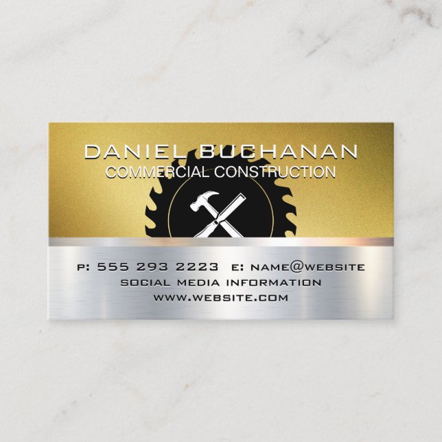 Construction | Gold Metallic | Carpentry Tools Business Card (Front)