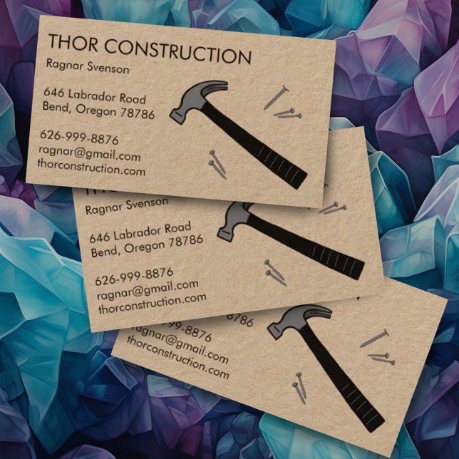 Construction Handyman Remodel Hammer & Nails Kraft Business Card (Custom business cards with hammer and nails - perfect for construction work and handyman)
