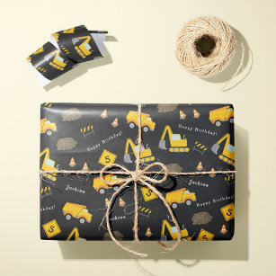 Construction Happy Birthday, Boy Name Age Pattern Wrapping Paper