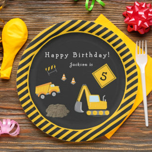 Construction Happy Birthday - Name and Age Boy Paper Plate
