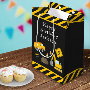 Construction Happy Birthday with Name and Age Boy Medium Gift Bag