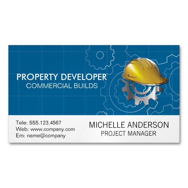 Construction Hard Hat | Gears Magnetic Business Card (Front)