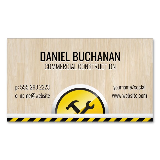 Construction Hardware Tools | Wood Background Magnetic Business Card (Front)