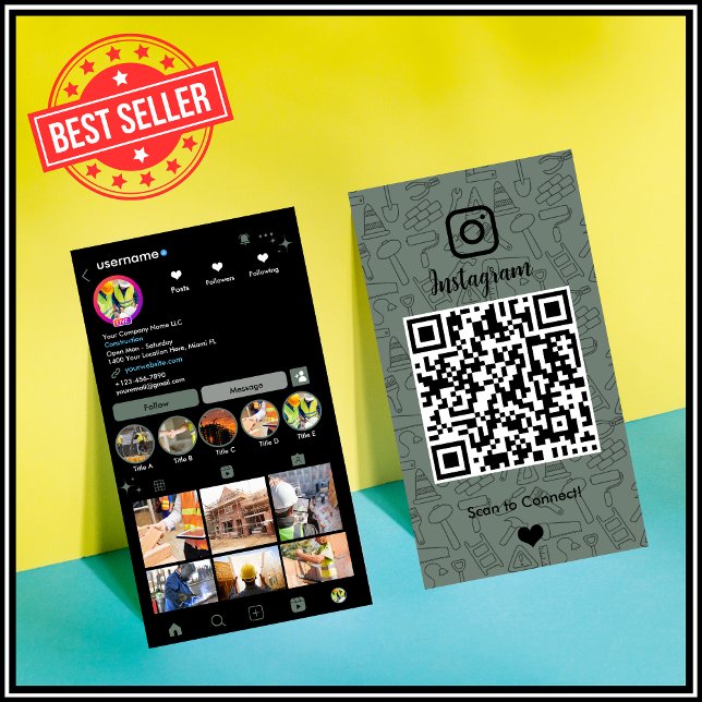 Construction Instagram Sage Green QR Code Business Card (Creator Uploaded)