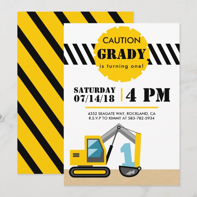 Construction Invitation 1st Birthday First Invite (Front/Back)