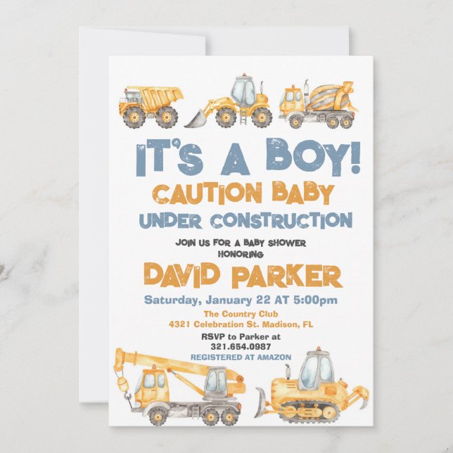 Construction It's a Boy Dump Truck Party Invitation (Front)