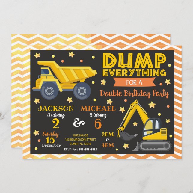 Construction Joint Birthday Invitation Siblings (Front/Back)
