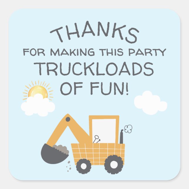 Construction Little Digger Birthday Thank You Square Sticker (Front)