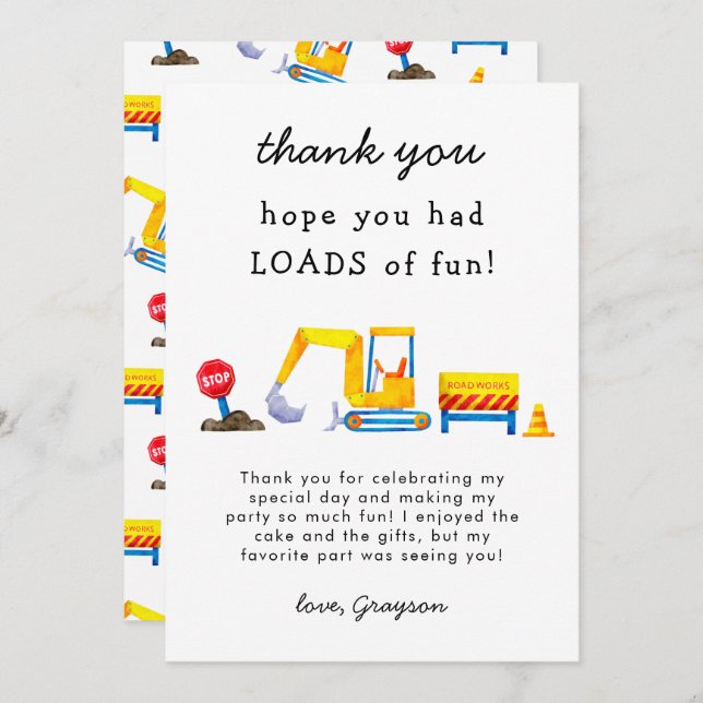 Construction Loads of Fun Birthday Thank You Card (Front/Back)