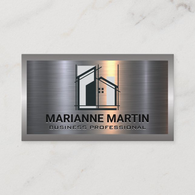 Construction Logo | Line Art Style | Metal  Business Card (Front)