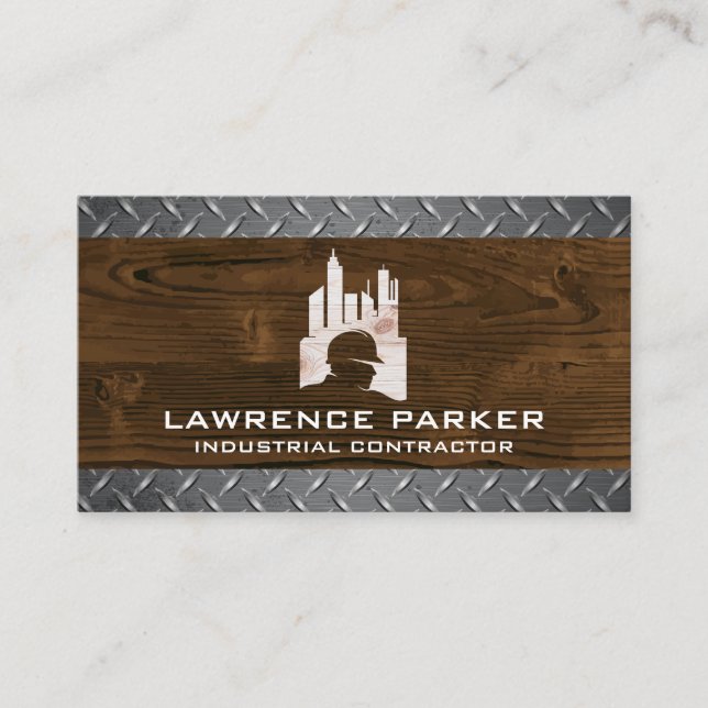 Construction Logo | Wood Grain Steel Business Card (Front)
