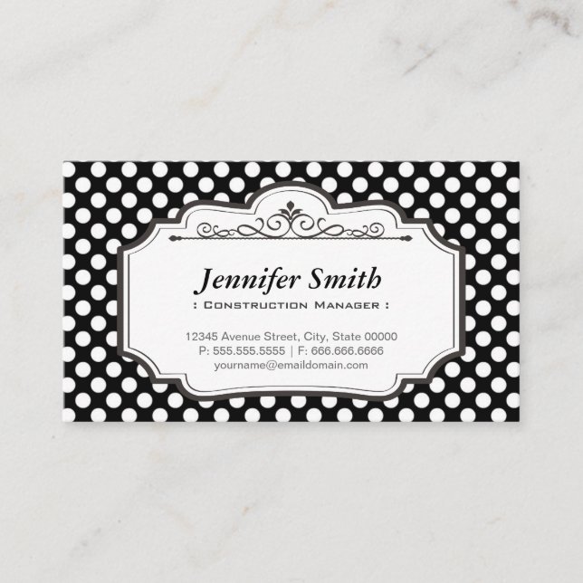 Construction Manager - Black Polka Dots Business Card (Front)