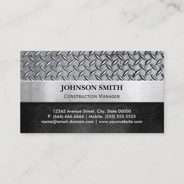 Construction Manager - Diamond Metal Plate Business Card (Front)