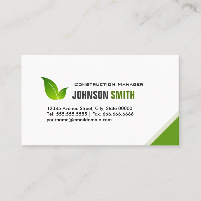 Construction Manager - Elegant Modern Green Business Card (Front)