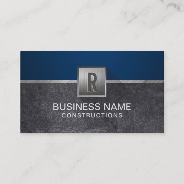 Construction Metallic Monogram Modern Navy Blue Business Card (Front)