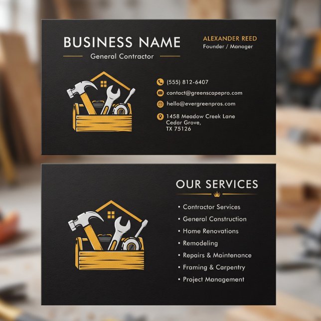 Construction Modern Black Yellow Tools Custom Business Card (Construction Modern Black Yellow Tools Custom Business Card)