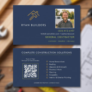 Construction Modern Navy Blue Gold Logo Business Card