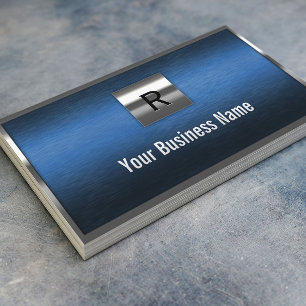 Construction Monogram Blue Metal Border Business Card