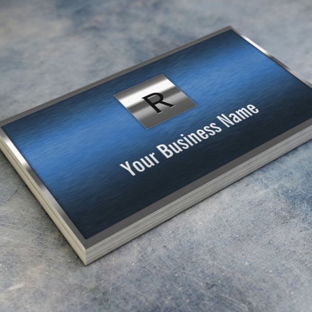 Construction Monogram Blue Metal Border Business Card (Creator Uploaded)