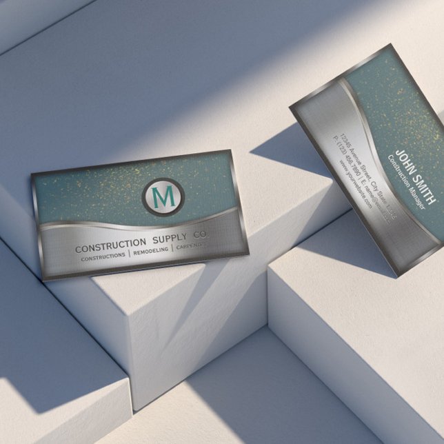 Construction Monogram LOGO Silver Metal Turquoise Business Card (Creator Uploaded)