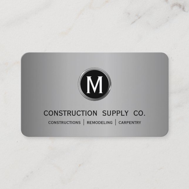 Construction Monogram Silver Framed Professional Business Card (Front)
