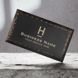 Construction Monogram Vintage Leather & Metal Business Card
