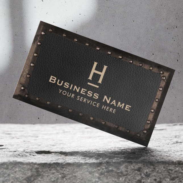 Construction Monogram Vintage Leather & Metal Business Card (Creator Uploaded)