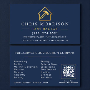 Construction Navy Blue Metallic Gold QR Code Business Card
