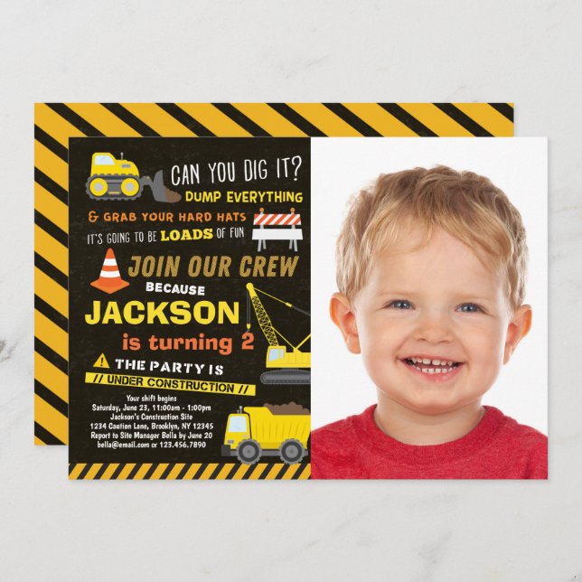 Construction Party Boys Dump Truck Photo Birthday Invitation (Front/Back)