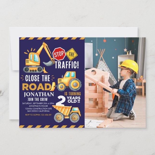 Construction Party for 2nd Birthday Boy Invitation (Front)