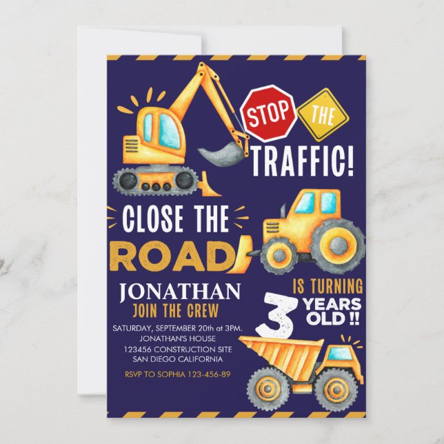 Construction Party for 3rd Birthday Boy Invitation (Front)