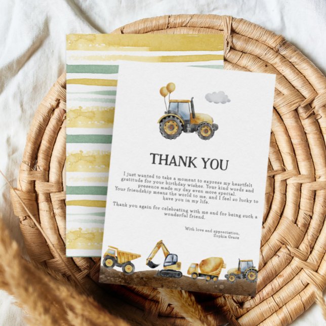 Construction Party Trucks Birthday Thank You Card (Creator Uploaded)