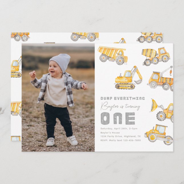 Construction Photo 1st Birthday Invitation (Front/Back)
