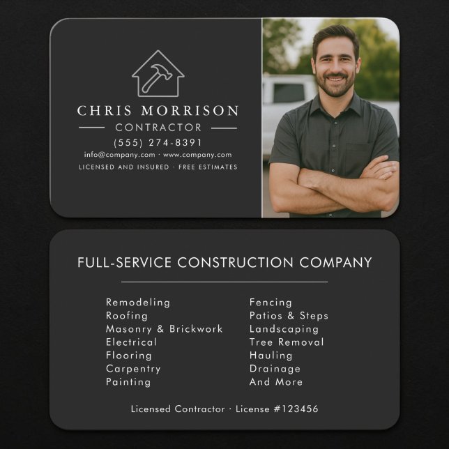 Construction Photo Contractor Black Silver  Business Card (Creator Uploaded)
