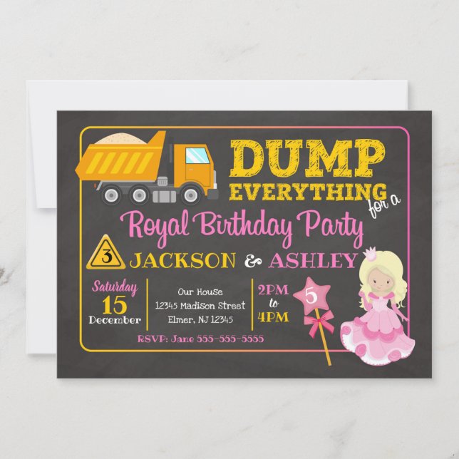 Construction & Princess Joint Birthday Invitation (Front)