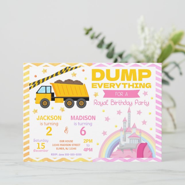 Construction & Princess Joint Birthday Invitation (Standing Front)