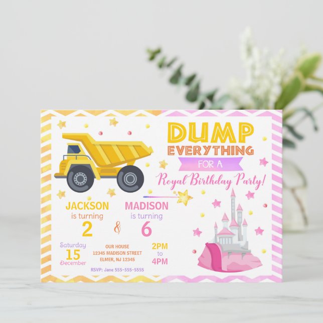 Construction & Princess Joint Birthday Invitation (Standing Front)