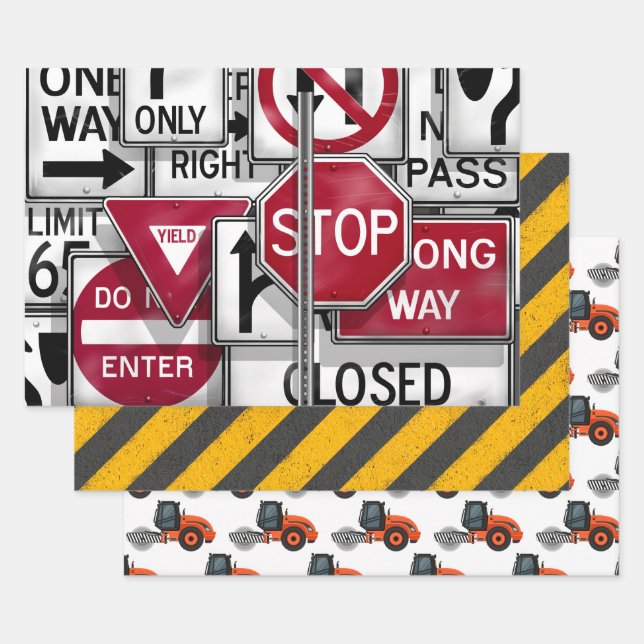 Construction & Road Work Caution Stripes Wrapping Paper Sheet (Set)