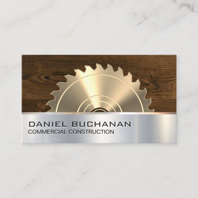 Construction | Saw and Wood | Metallic Background Business Card (Front)