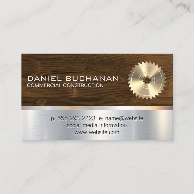 Construction | Saw and Wood | Metallic Background Business Card (Front)