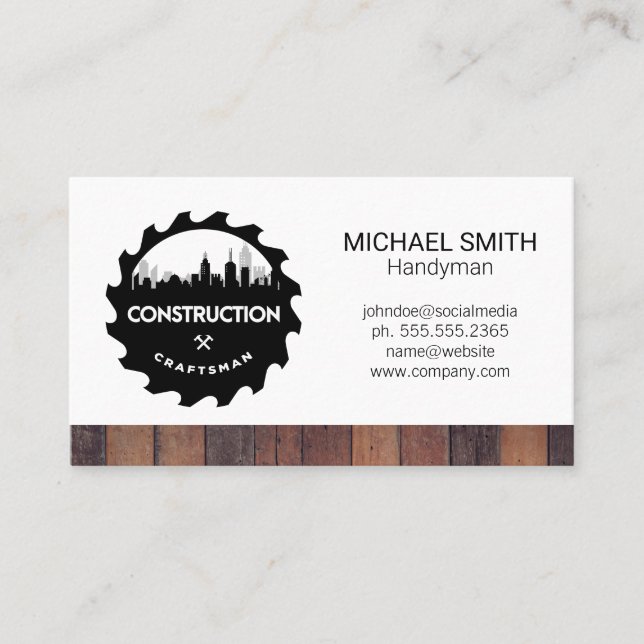 Construction Saw City Logo | Wood Trim Business Card (Front)
