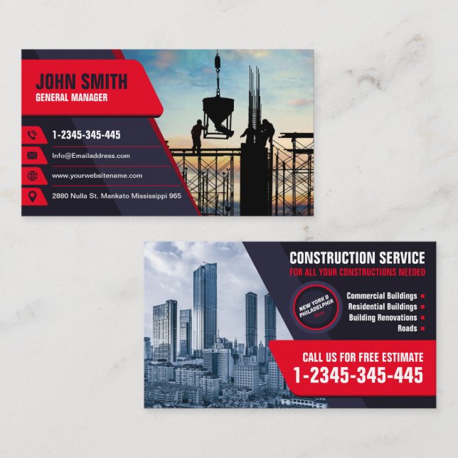 Construction Service, House Building, Renovation Business Card (Front/Back)